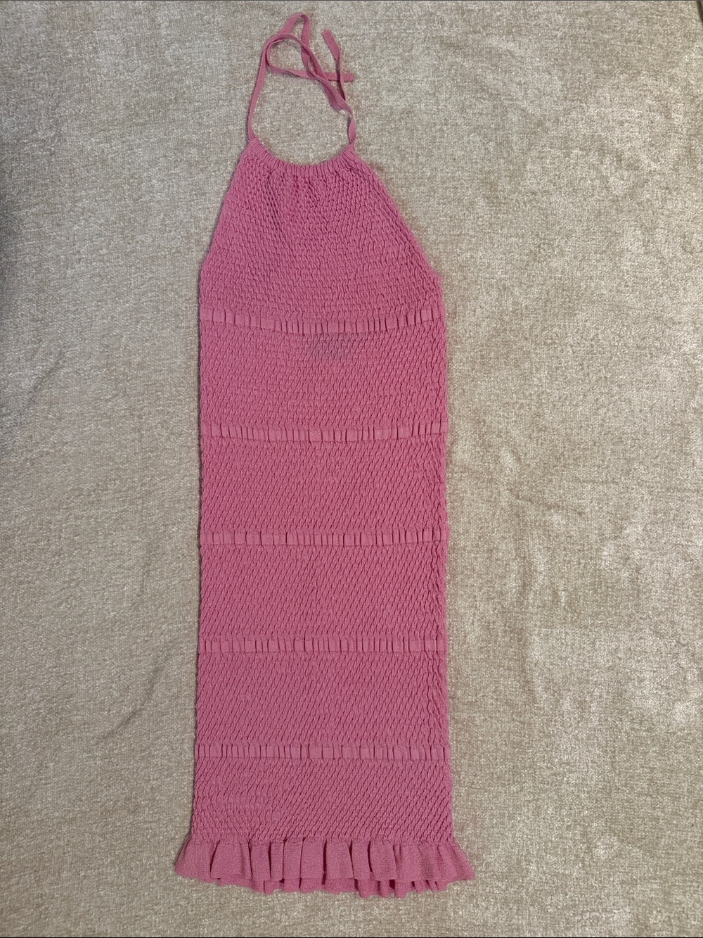 Zara Pink Knit Halter Maxi Dress with Ruffle Hem